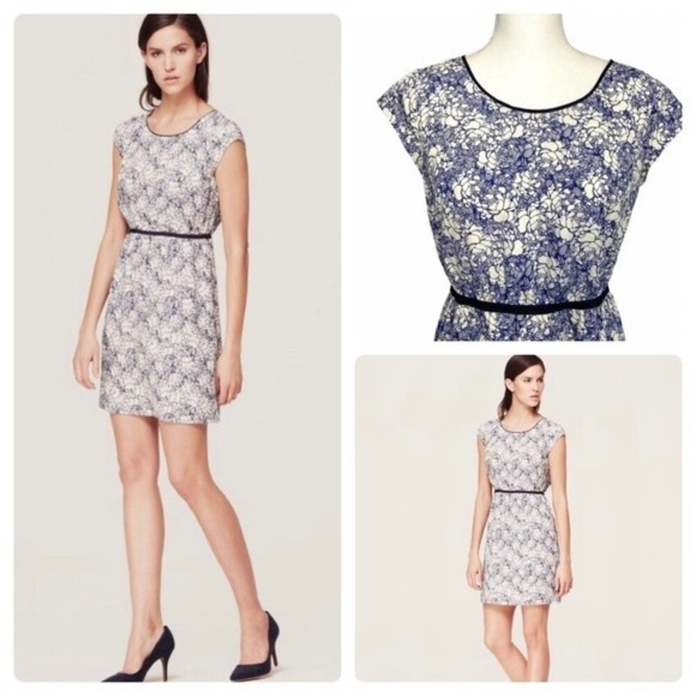 Ann Taylor Loft navy and white sketched floral print dress size 6